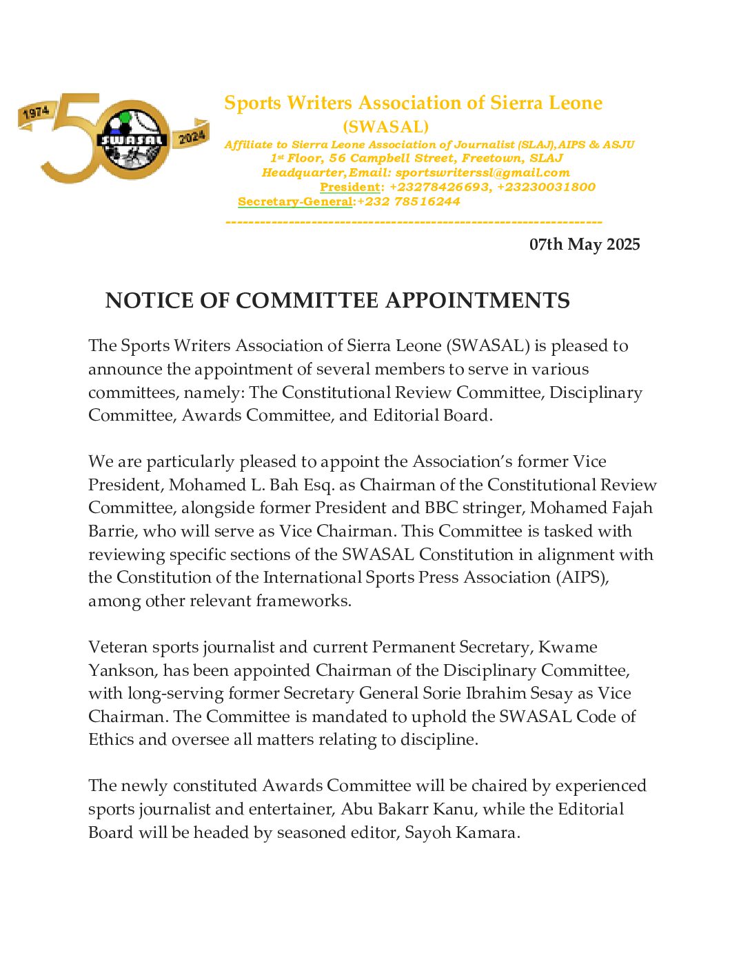 NOTICE OF COMMITTEE APPOINTMENTS